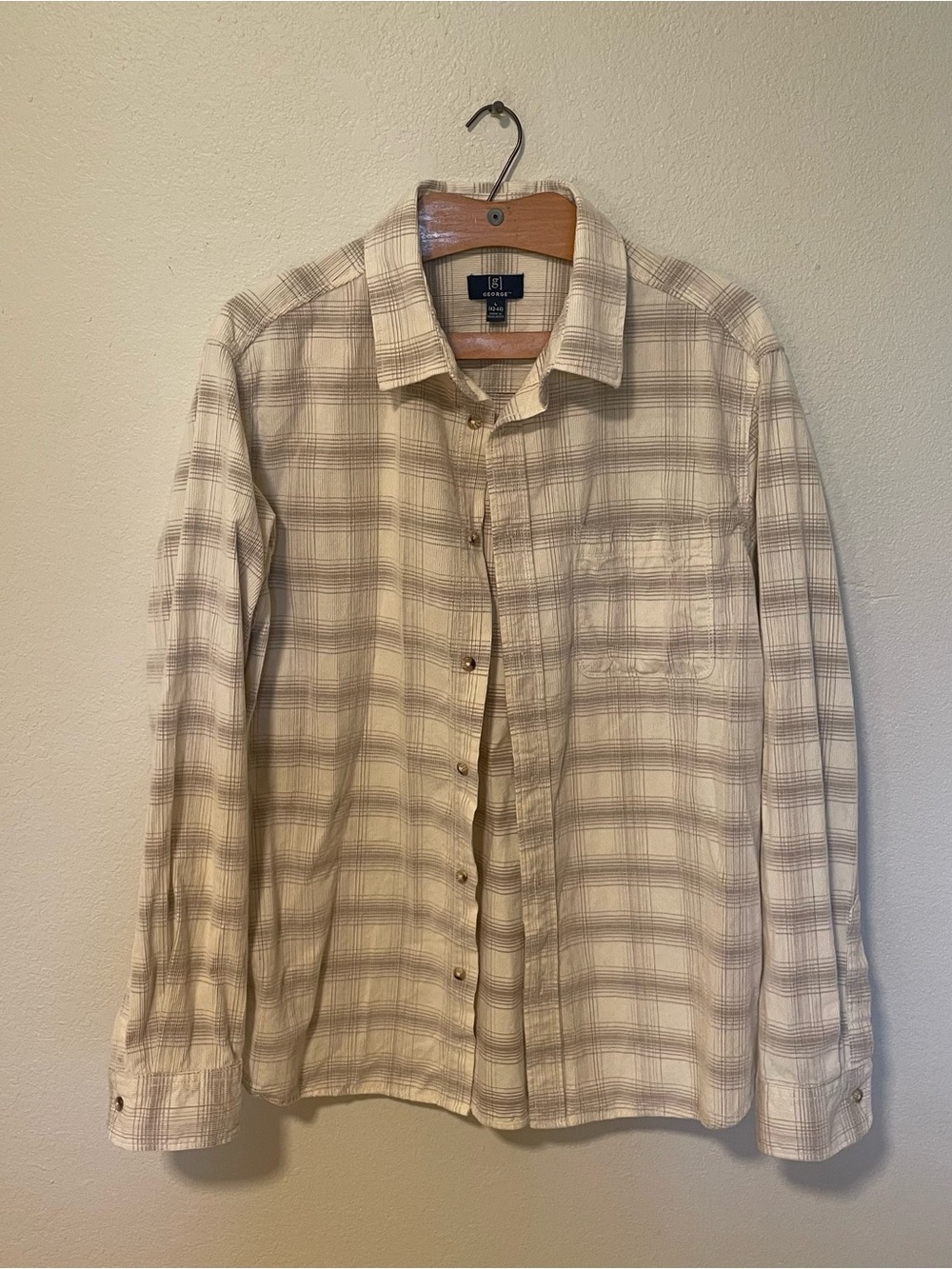 George Men's Plaid Seersucker Button Down Shirt – Tan & Cream / Size Large